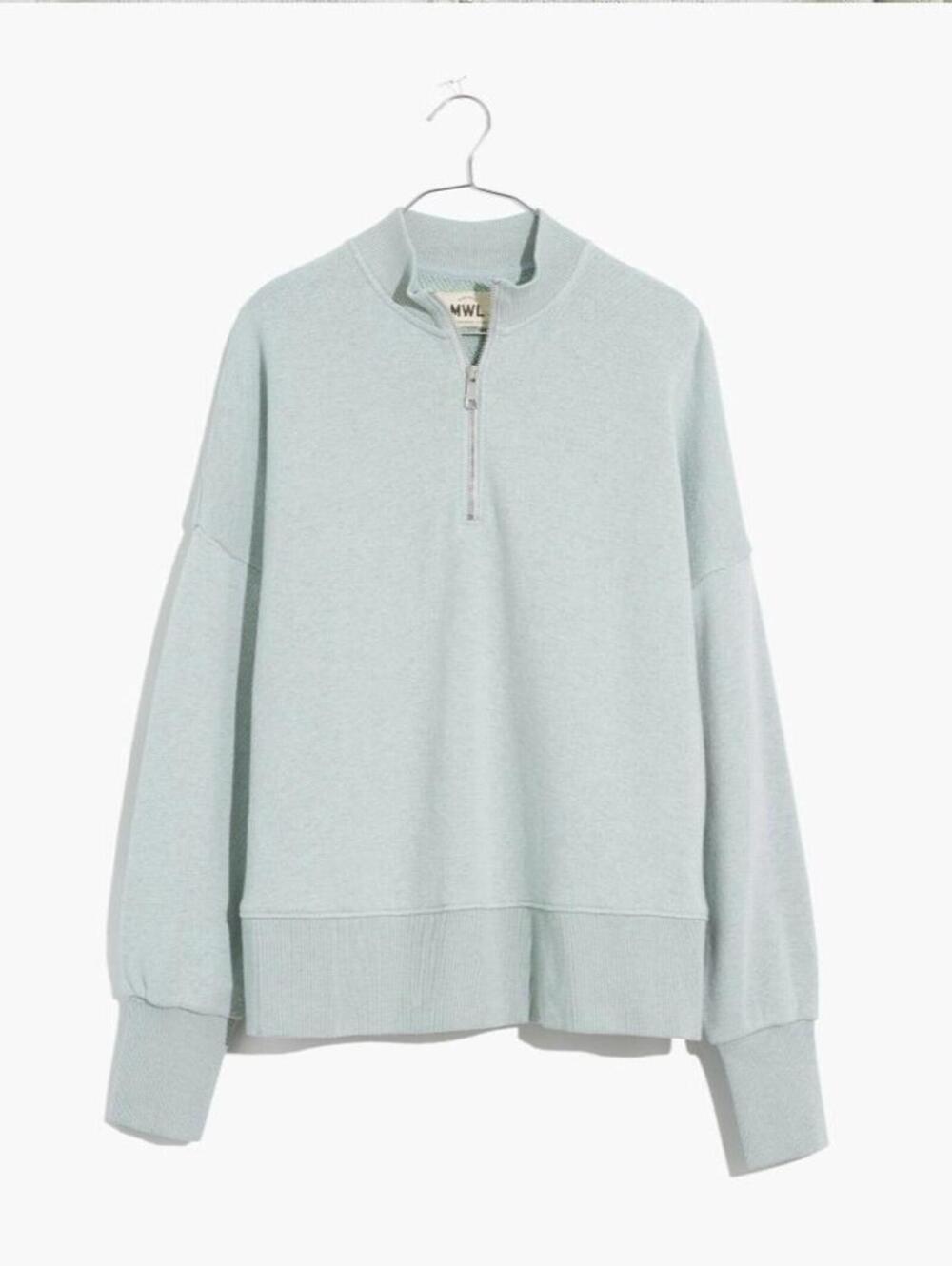 Madewell MWL Airyterry Sweatshirt Women Size S Green Half Zip Tunic Oversized